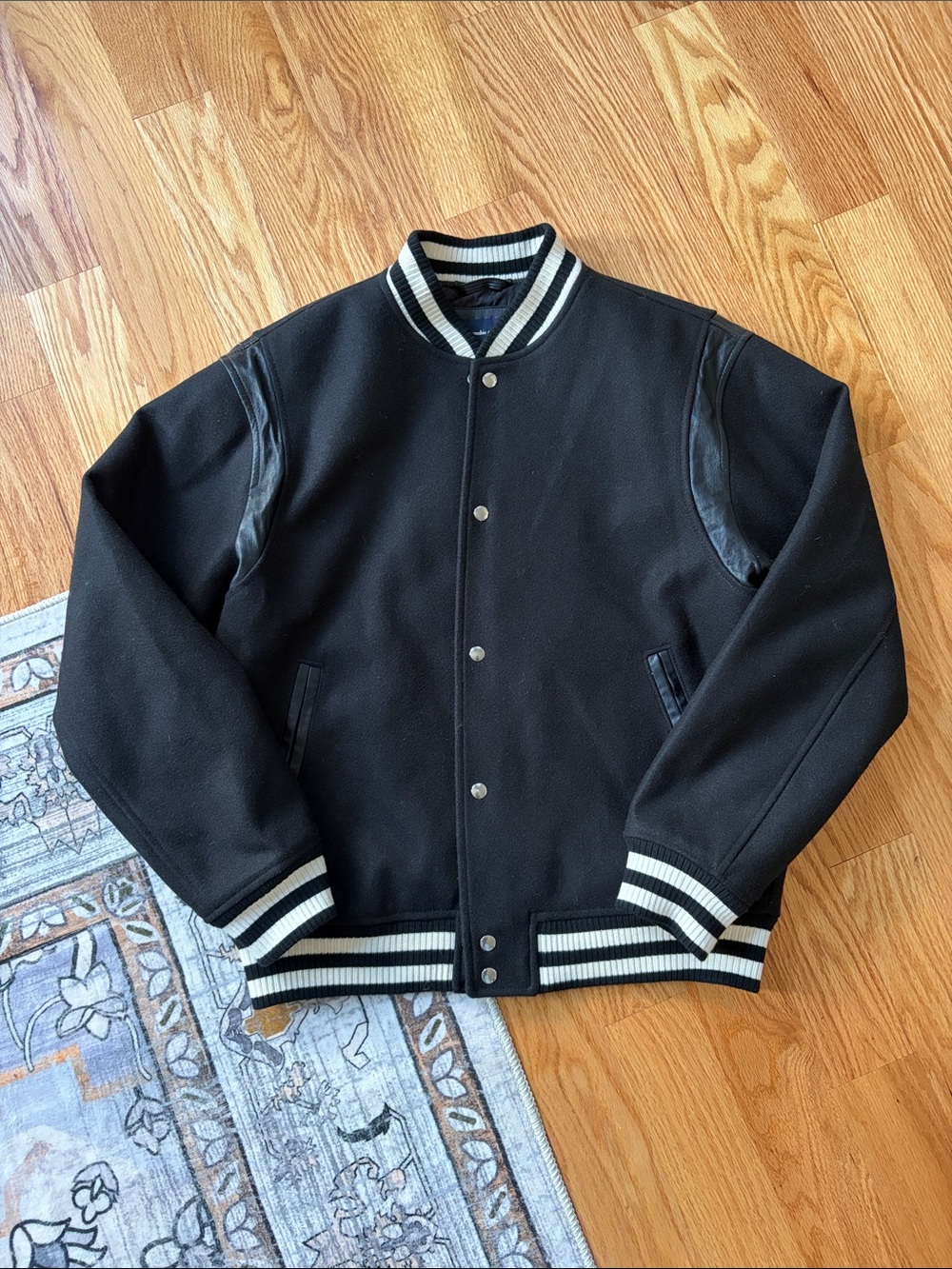 Abercrombie and Fitch Black Varsity Jacket with White Stripe Trim